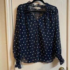 Loft Navy and White Polka Dot Sheer Blouse Size M